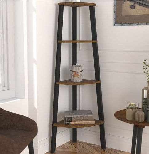 Lourdes Rustic Wood Effect With Black Metal Tall Corner Shelving Unit 22LD379