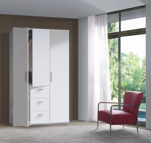 Luma Artic White Small Narrow 3 Door 3 Drawer Space-Saving Wardrobe 117cm Wide - WRD353BO