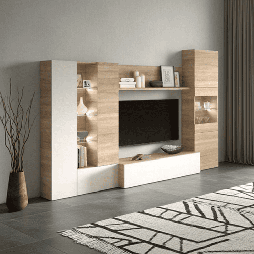 Marca White Gloss and Oak LargeTV Entertainment Wall Unit Cabinet 2916