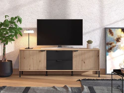 Mayenne Artisan Oak Effect Slatted And Black 157cm TV Cabinet - 11013375 S/O