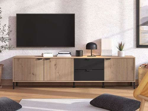 Mayenne Artisan Oak Effect Slatted And Black 208cm Large TV Cabinet - 11013376 S/O