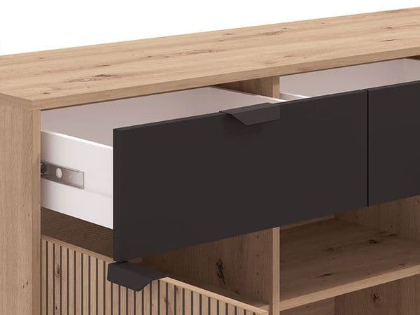 Mayenne Artisan Oak Effect Slatted And Black 3 Door Sideboard - 11013359 RZ