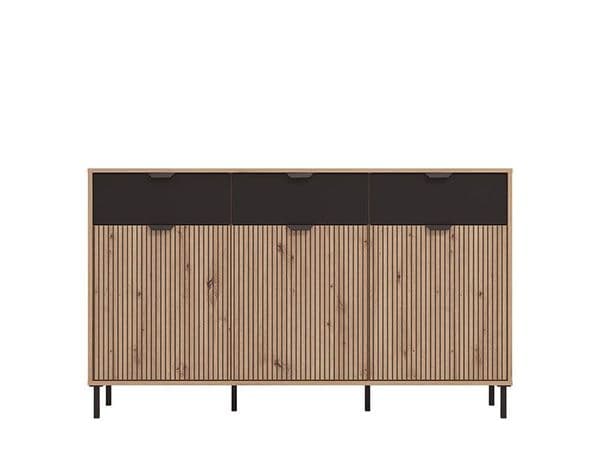 Mayenne Artisan Oak Effect Slatted And Black 3 Door Sideboard - 11013359 RZ