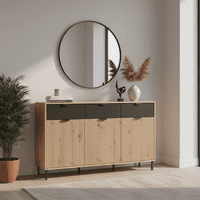 Mayenne Artisan Oak Effect Slatted And Black 3 Door Sideboard - 11013359 RZ