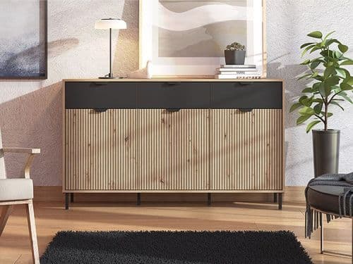 Mayenne Artisan Oak Effect Slatted And Black 3 Door Sideboard - 11013359 RZ