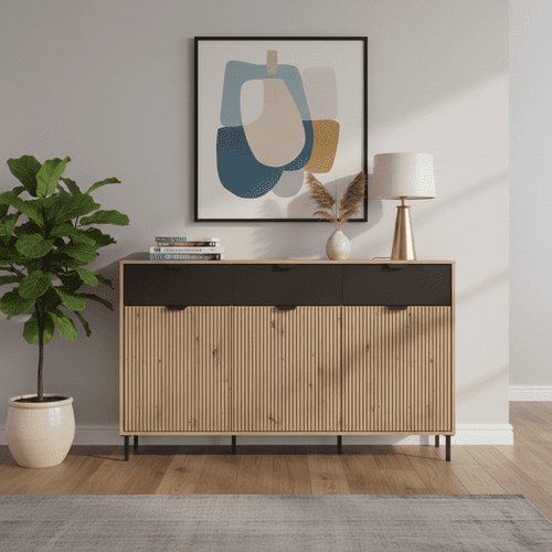 Mayenne Artisan Oak Effect Slatted And Black 3 Door Sideboard - 11013359 RZ
