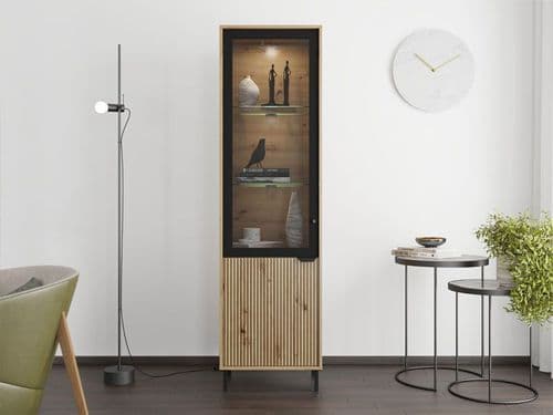 Mayenne Artisan Oak Effect Slatted And Black Tall Display Cabinet - 11013357 RZ