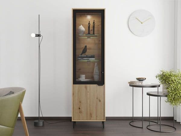 Mayenne Artisan Oak Effect Slatted And Black Tall Display Cabinet - 11013357 RZ