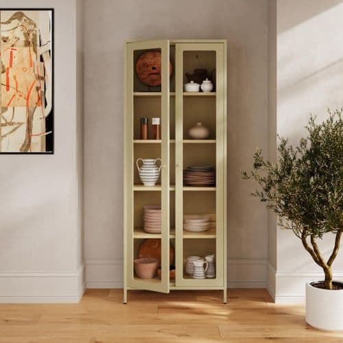 Mazen Matte Beige Steel Industrial Tall 2 Door Display Cabinet 25LD