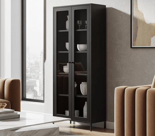 Mazen Matte Black Steel Industrial Tall 2 Door Display Cabinet 25LD