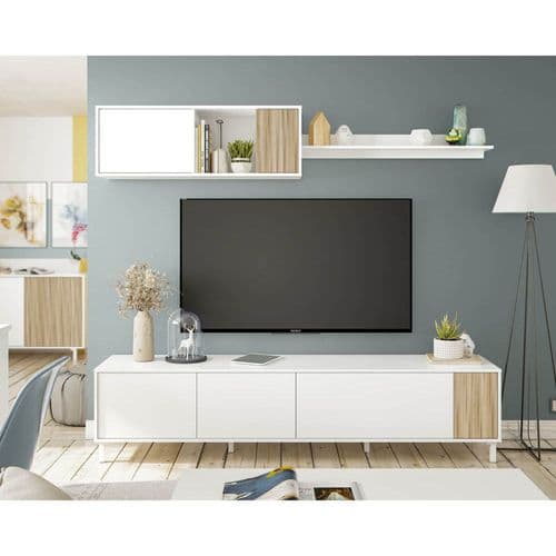 Miami Artic White and Natural Oak Effect TV Cabinet With Wall Storage Unit - 0E6662A