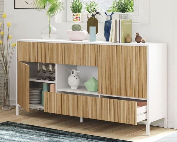 Miami Large Modern White and Natural Oak Effect Sideboard - 0E6625A