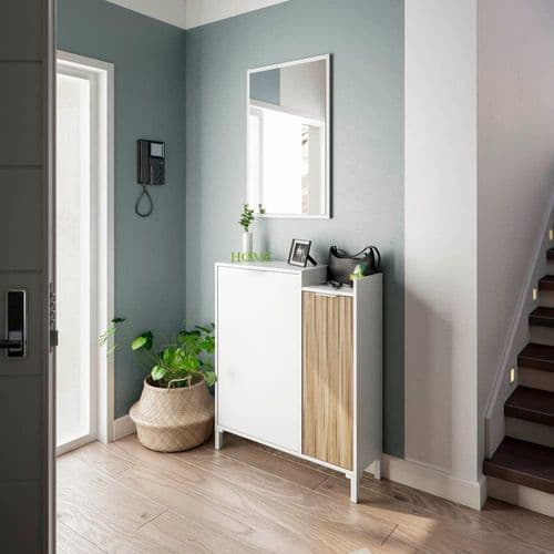 Miami White and Natural Oak Effect Shoe Cupboard Cabinet with Mirror for Hallways - 0E6748A