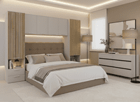 Milano Cashmere and Slatted Rustic Oak Effect Overbed Storage Unit And Sideboard Bedroom Set