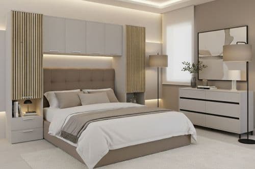 Milano Cashmere and Slatted Rustic Oak Effect Overbed Storage Unit And Sideboard Bedroom Set