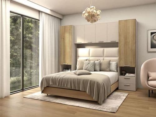Milano Cashmere and Slatted Rustic Oak Effect Overbed Storage Unit And ...