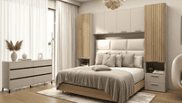 Milano Cashmere and Slatted Rustic Oak Effect Overbed Storage Unit And Sideboard Bedroom Set