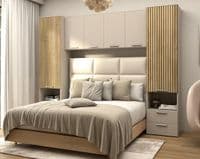 Milano Cashmere Taupe and Slatted Oak Effect Overbed Storage Unit with Wardrobes - 3484