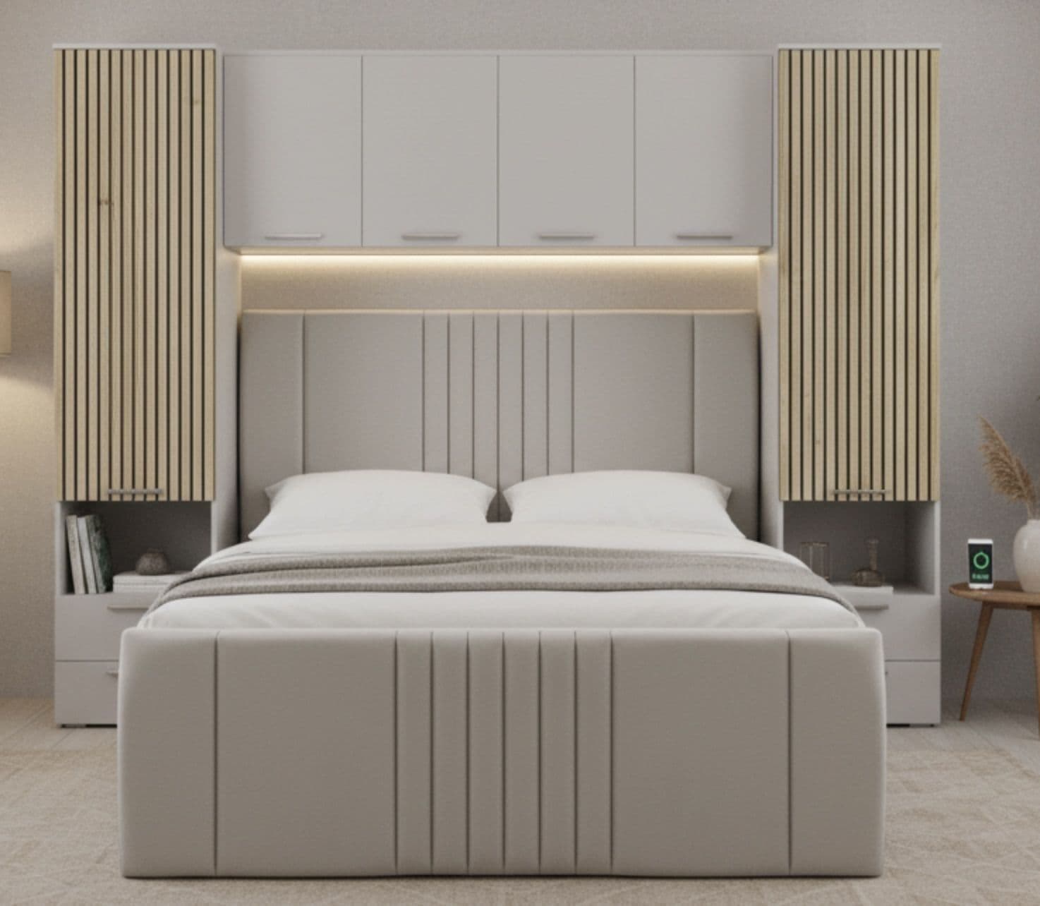 Overbed Storage Milano Cashmere Taupe and Slatted Oak Effect Overbed Storage Unit with ...