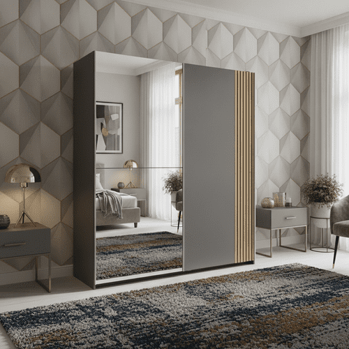 Milano Dark Grey And Slatted Oak Effect Mirrored 170cm Sliding Door Wardrobe