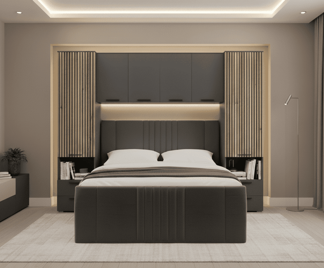 Overbed Set Milano Grey and Slat Effect Overbed Unit with Double or Kingsize Bed ...