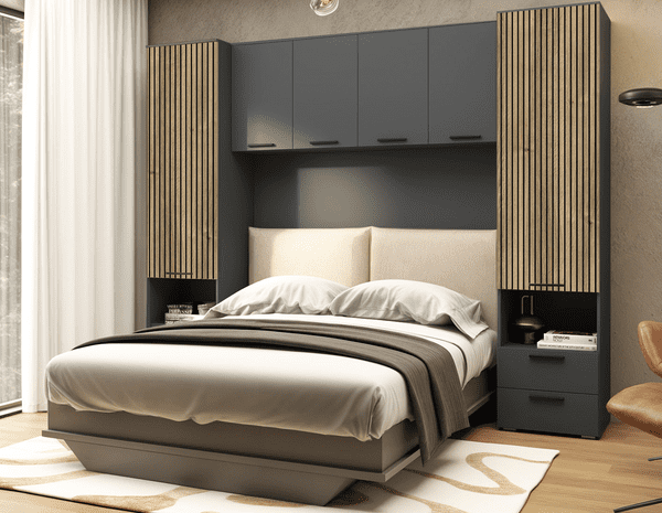 Grey and Slatted Oak Effect Over Bed Storage - Online Outlet
