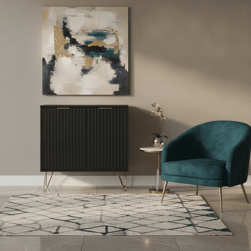 Mirano Slatted Matte Black And Gold 2 Door Small Compact Sideboard - 26JB