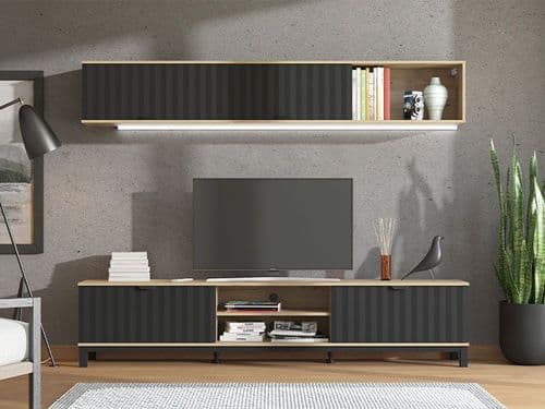 Monaco Artisan Oak Effect And Matte Black Foil TV Media Cabinet With Wall Shelf - 11013510 S/O