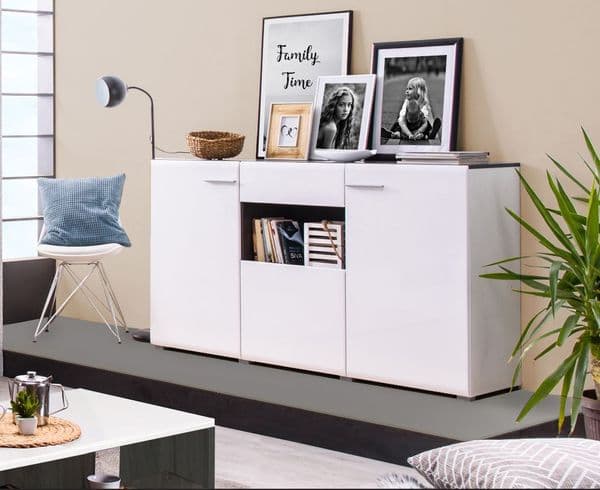Monclere White Gloss and Black Large Tall Wide Sideboard Storage Unit