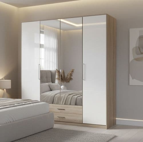 Munich 180cm Large 4 Door German Wardrobe White Gloss and Oak 2968