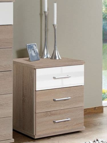 Munich 3 Drawer Bedside Table in Oak and White Gloss 2971
