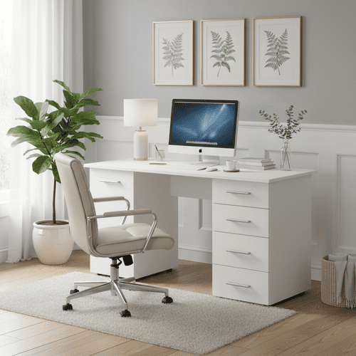 Munik White Office Desk With Storage Drawers and Cupboard