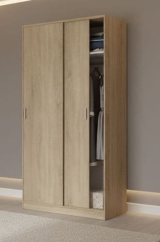 Mytre Canadian Oak Effect Small Narrow Space-Saving Sliding 2 Door Wardrobe 100cm Wide - MAX019F