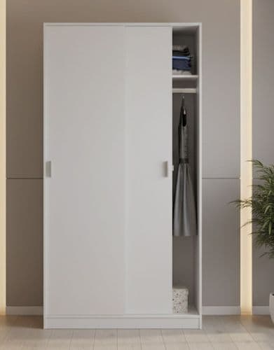 Mytre White Small Narrow Space-Saving Sliding 2 Door Wardrobe 100cm Wide - MAX019O