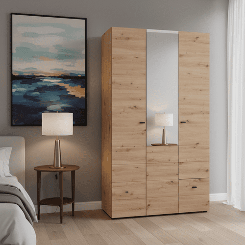 Nevis Oak Effect Narrow 3 Door 1 Drawer Space-Saving 117cm Combination Wardrobe - 11014880 S/O