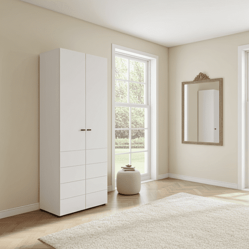 Nevis White Narrow 2 Door Space-Saving 78.5cm Wide Wardrobe - 11014948
