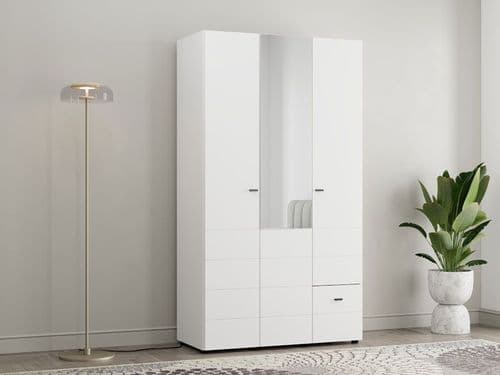 Nevis White Narrow 3 Door 1 Drawer Space-Saving 117cm Wide Combination Wardrobe - 11014950