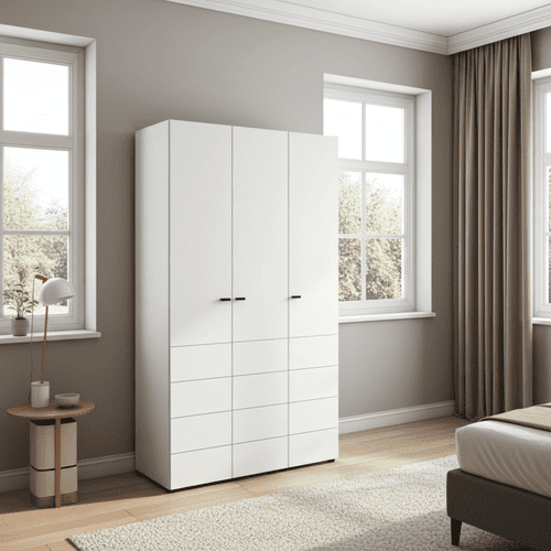 Nevis White Narrow 3 Door Space-Saving 117cm Wide Wardrobe - 11014949