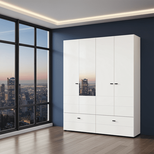 Nevis White Narrow 4 Door 2 Drawer Space-Saving 155cm Combination Wardrobe - 11014883