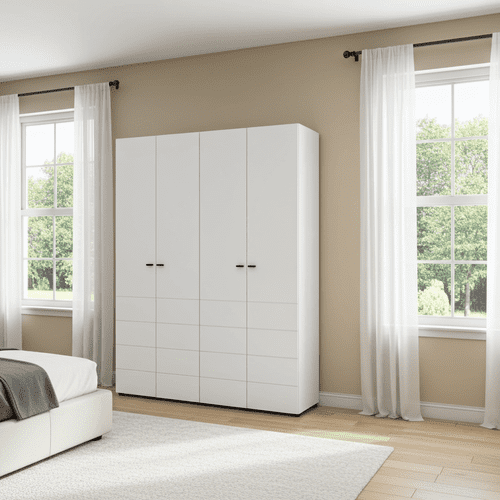 Nevis White Narrow 4 Door Space-Saving 155cm Wardrobe - 11014951