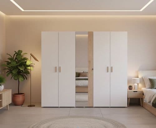 Novara Cashmere Taupe And Artisan Oak Effect Large Mirrored 5 Door Wardrobe 11013695