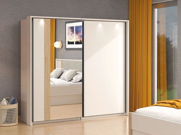 Novara Cashmere Taupe And Artisan Oak Effect Large Mirrored Sliding Door Wardrobe 220cm 11013694