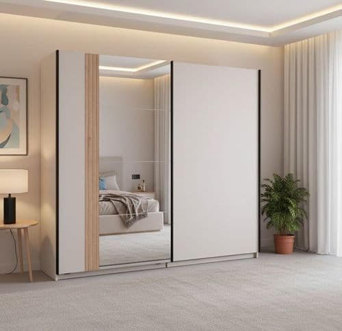 Novara Cashmere Taupe And Artisan Oak Effect Large Mirrored Sliding Door Wardrobe 220cm 11013694