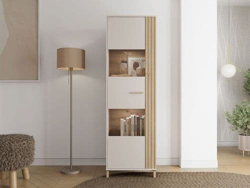 Novara Cashmere Taupe And Artisan Oak Effect Tall Display Cabinet - 11013023 S/O