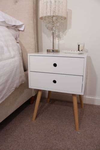 Options White Scandia, 2 Drawer & Wood Legs Bedside Cabinet BS110