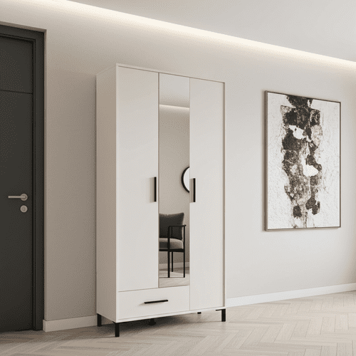 Orkney White 3 Door Tall Shallow Depth Mirrored Wardrobe for Small Spaces 93cm - 11014281 RZ
