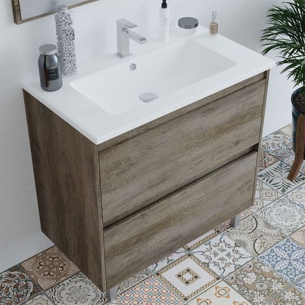 Paco 800mm Oak Effect 2 Drawer Bathroom Vanity Cabinet with Sink And Mirror -305040H/SO