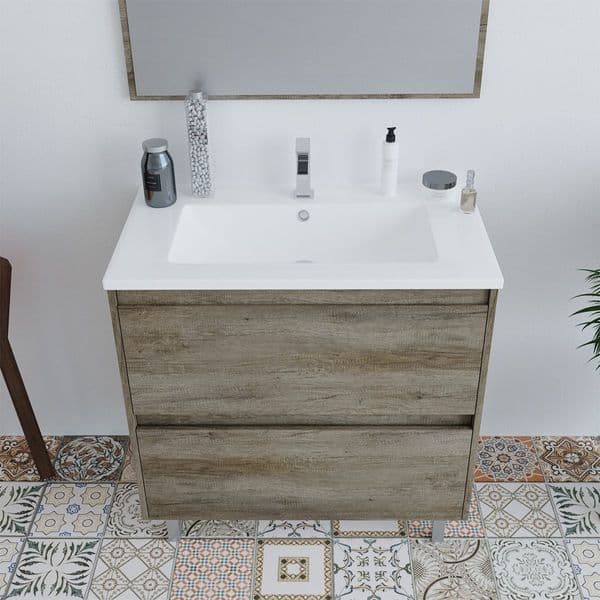 Paco 800mm Oak Effect 2 Drawer Bathroom Vanity Cabinet with Sink And Mirror -305040H/SO