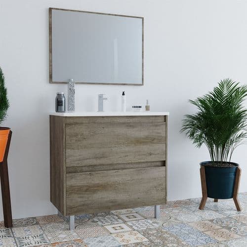 Paco 800mm Oak Effect 2 Drawer Bathroom Vanity Cabinet with Sink And Mirror -305040H/SO