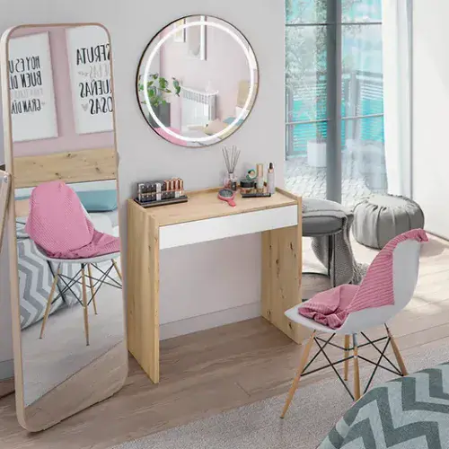 Petra Artic White and Oak Small Modern Office Desk / Dressing Table with Storage Drawer - 012319w